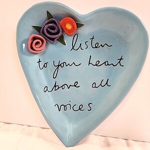 Dept 56 Sandra Magsamen Blue Heart Dish  LISTEN TO YOUR HEART ABOVE ALL VOICES